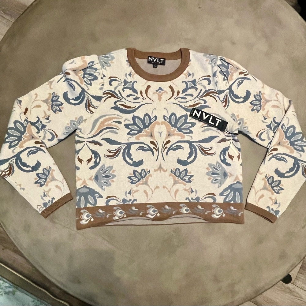 NVLT Cream and Blue Brocade Patterned Cropped Sweater - NWT